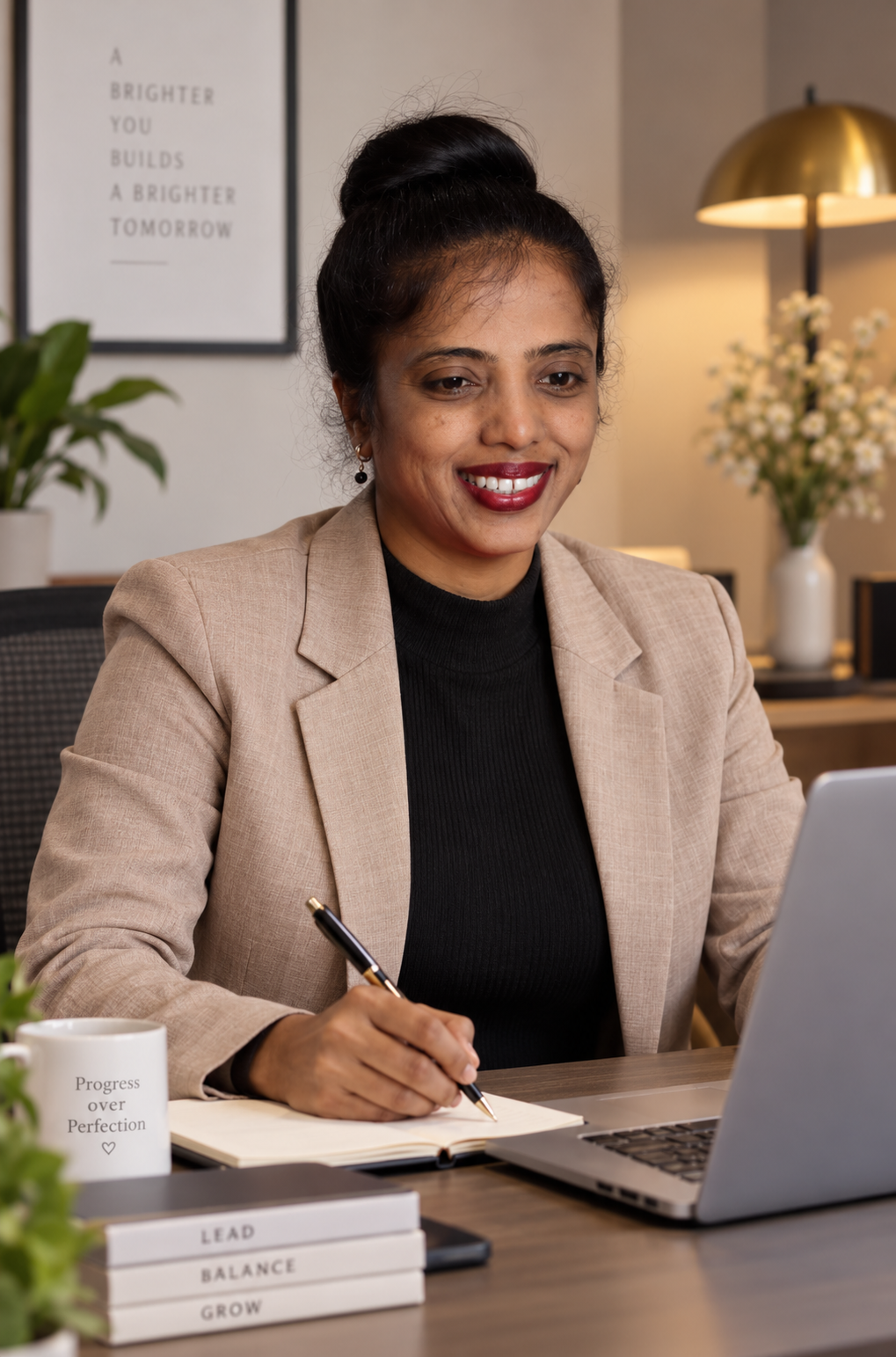 A professional woman working thoughtfully at her desk in a home office